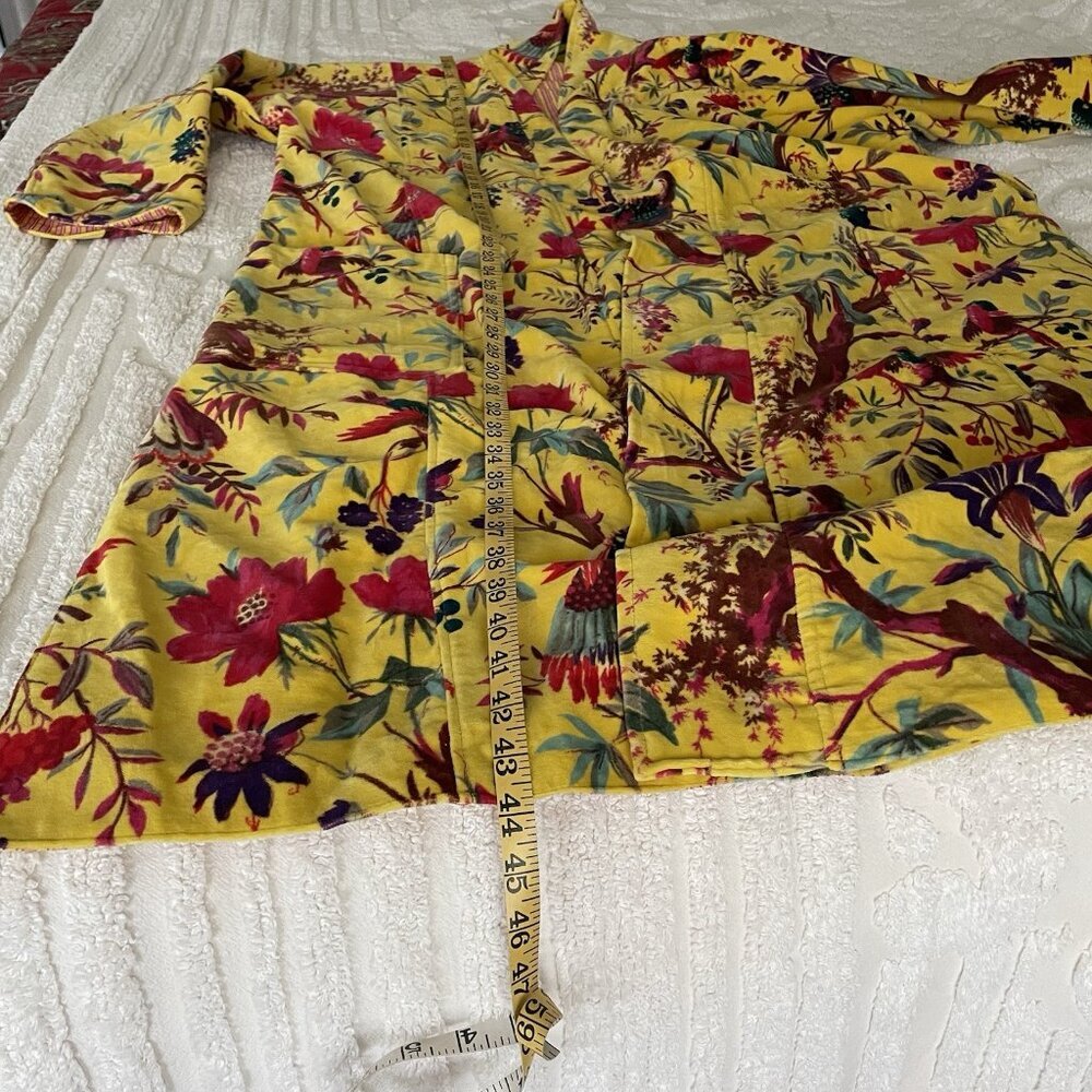 OFMD Yellow Bird Velvet Banyan Fabric Kimono Cotton Velvet Robe Long Jacket - Picture 11 of 14